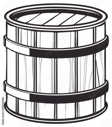 Wooden Barrel Illustration: Traditional Storage Container with Metal Hoops for Fermenting and Pickling Food