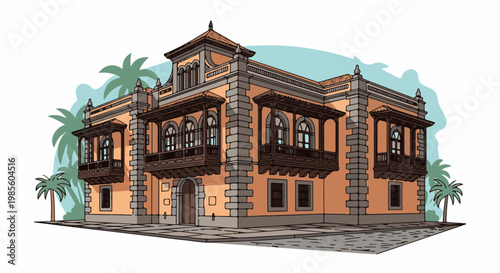 Tropical colonial building with ornate balconies and palm trees