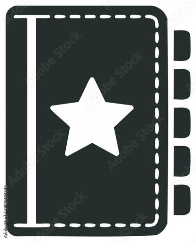 Dark organizer with bookmark and star, personal notebook, minimalist memo pad with tabs, icon