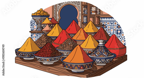 Vibrant spice mounds and exotic tagines arranged within an arched alcove