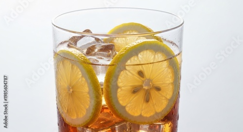 Close-up of a refreshing beverage in a glass, featuring sliced lemons and ice