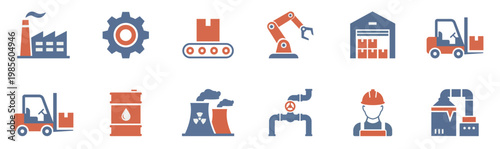 Industrial Flat Icon Set — Factory Robot Forklift Warehouse Worker Nuclear Plant Vector Icons