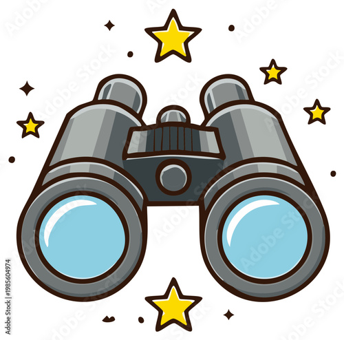 Whimsical illustration of binoculars surrounded by sparkling stars, conveying a sense of exploration and discovery