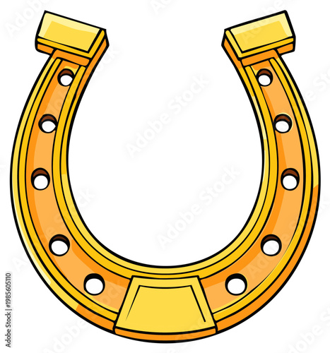 Golden horseshoe illustration on white background with rounded edges and nail holes