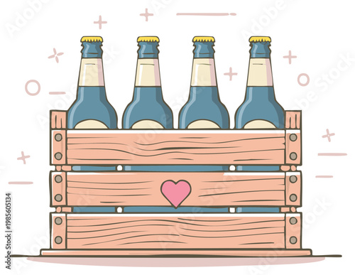 Bottled Drinks in Wooden Crate with Heart Symbol Vector Illustration