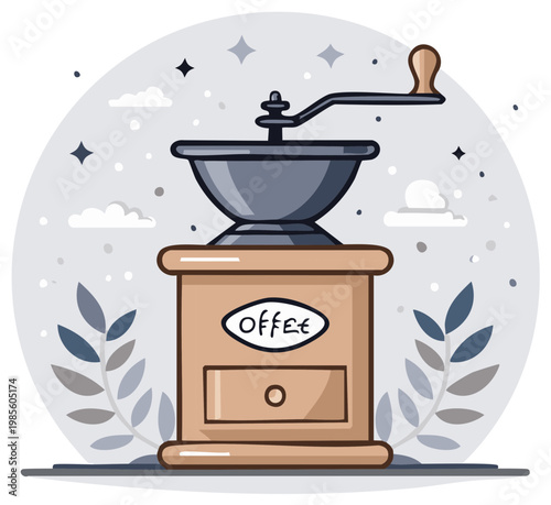 Stylized vintage hand crank coffee grinder with decorative elements, fresh morning brew concept