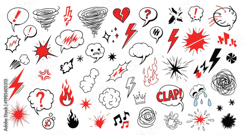 Set of comic book style elements, speech bubbles, explosions, lightning bolts, and sound effects