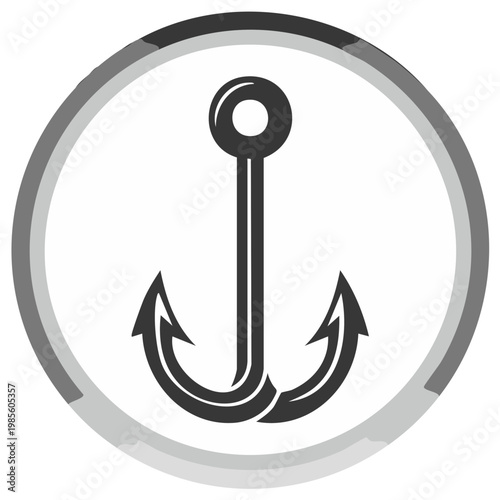 Simple gray scale anchor icon design inside a circle featuring a single fluke with rounded edges and symmetrical form for maritime graphic applications