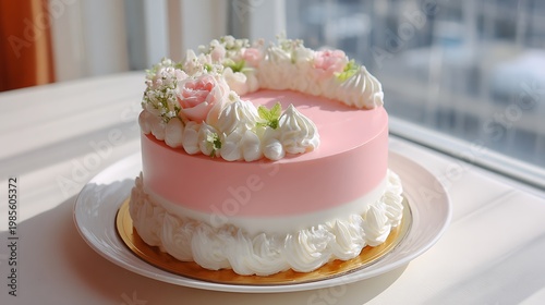 Romantic Korean-style cake, pastel pink top, white cream border, airy natural light
