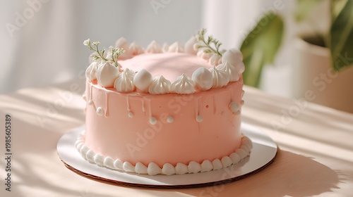 Cute Korean minimalist cake, soft pink frosting, subtle white accents, bright soft-focus photography