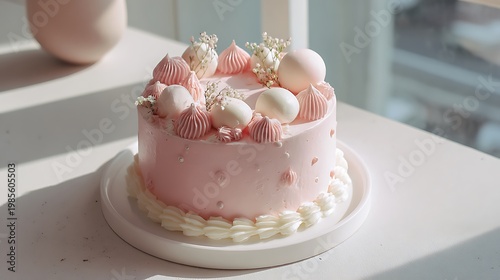 Cute Korean-style cake, soft pink frosting, white base, airy natural light and minimal art aesthetic