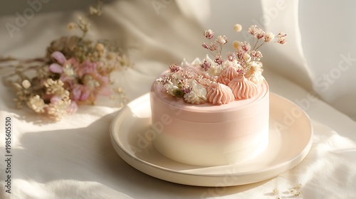 Cute Korean-style cake, soft pink frosting, white base, airy natural light and minimal art aesthetic