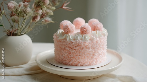 Cute Korean-style cake, soft pink frosting, white base, airy natural light and minimal art aesthetic