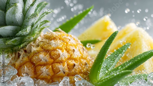 Fresh pineapple and aloe vera leaves with splashing water drops and ice on a light background