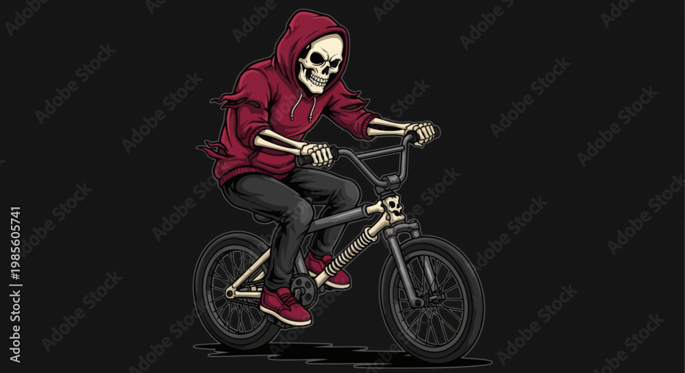 Fototapeta premium Dynamic Skeleton Character in Red Hoodie Riding BMX Bike with Dark Background Illustration