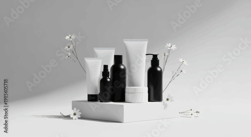 Elegant minimalist studio shot of diverse skincare and cosmetic products in black and white packaging, artfully arranged with delicate white flowers for a pristine aesthetic