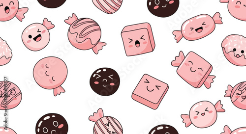 Delightful seamless pattern of adorable pink and brown cartoon candies and chocolates, perfect for sweet designs and backgrounds