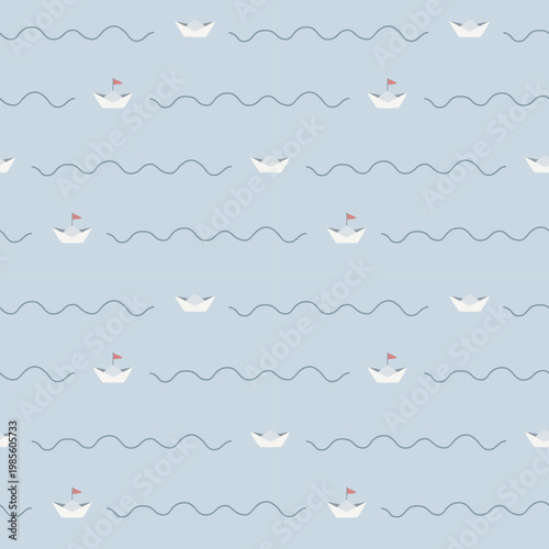 seamless minimal paper boat with waves, Pastel Nursery repeat pattern background, flat vector illustration graphic design