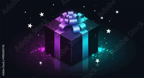 Vibrant glowing gift box with neon purple and blue hues, surrounded by sparkling dust and stars, perfect for celebrating special moments, surprises, and exclusive offers