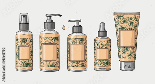 Collection of assorted cosmetic bottles with floral designs and pumps, droppers, and sprayers