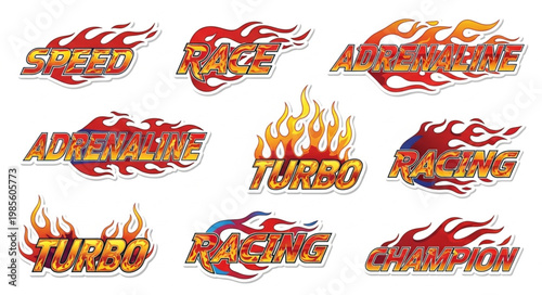 Collection of flaming text graphics for automotive racing themes.