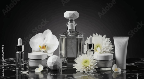 Luxury skincare and fragrance products displayed elegantly with delicate flowers on a marbled surface
