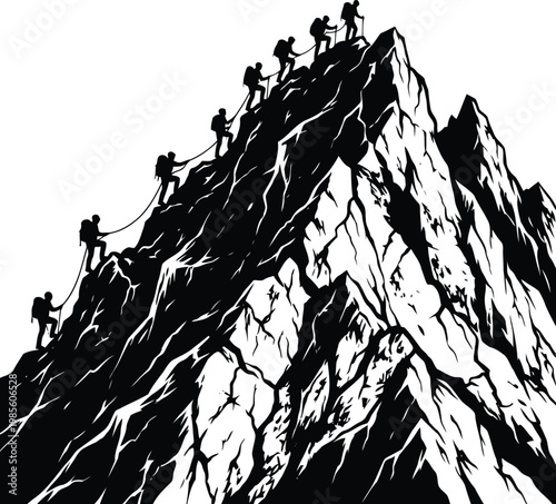 Group of climbers ascending a steep rocky mountain vector illustration.