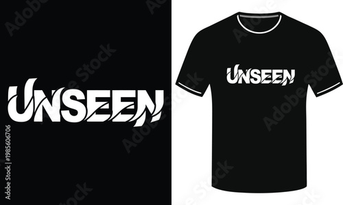 Stylish white "UNSEEN" typography with abstract wavy lines on black background, presented on a t-shirt mockup.