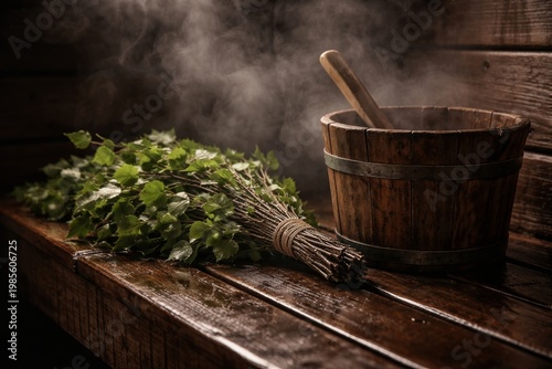 Traditional Sauna Scene with Birch Venik and Wooden Bucket