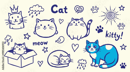 Cute cat doodle set, hand drawn collection of kittens, paw prints, hearts, stars and clouds, vector illustration