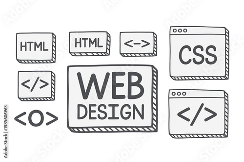 Web design icons and symbols including HTML CSS and code snippets hand-drawn illustration for digital development and programming concepts