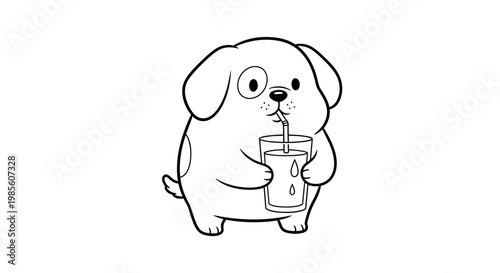 A cute, chubby cartoon puppy with floppy ears is happily drinking from a glass with a straw.