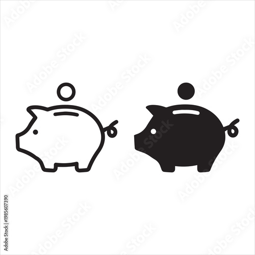 Piggy bank icon. Piggybank with falling coins. Baby pig piggy bank. Pig silhouette. Financial independence. Money box symbol flat style stock vector.