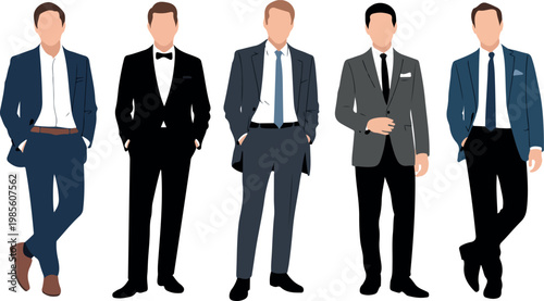 Stylish businessmen set in formal suits, modern professional male characters, fashionable corporate look, flat vector illustration isolated on white background