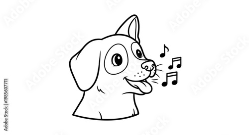 A black and white line drawing of a happy dog's head with its tongue out, surrounded by musical notes, suggesting it is singing or barking joyfully.