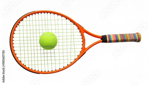 An orange tennis racket with multicolored grip and bright yellow-green ball centered on strings, symbolizing essential sports equipment and dynamic energy of tennis.