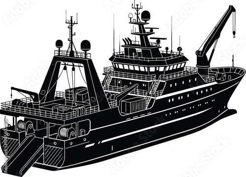 Industrial stern trawler fishing vessel silhouette vector illustration.