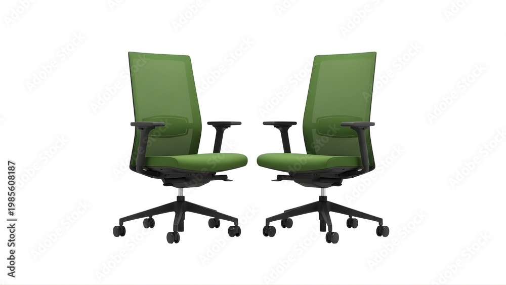 Obraz premium Two green office chairs with black frames on transparent background