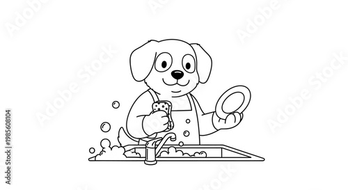 A cheerful cartoon dog wearing an apron washes dishes in a sink with running water and bubbles.