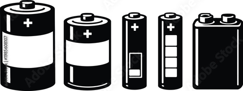 Collection of various battery types vector illustration. Includes AA, AAA, C, D, and 9-volt batteries in black and white.