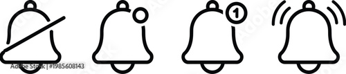 Notification bell vector icon set, alert mute ringing message reminder symbols outline interface design