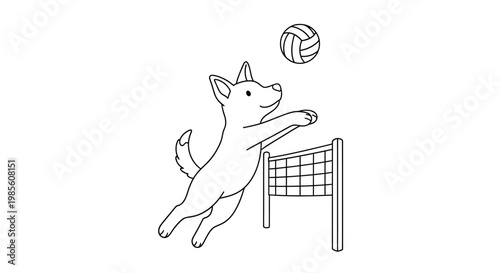 A playful dog leaps to hit a volleyball over a net in a cartoon illustration.