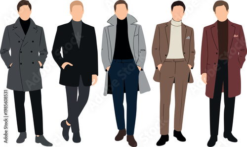 Fashionable group of young men in trendy summer outfits, modern casual clothing style, flat vector illustration isolated on white background
