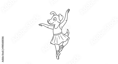 A charming black and white line drawing of a dog dressed as a ballerina, gracefully performing a ballet pose.