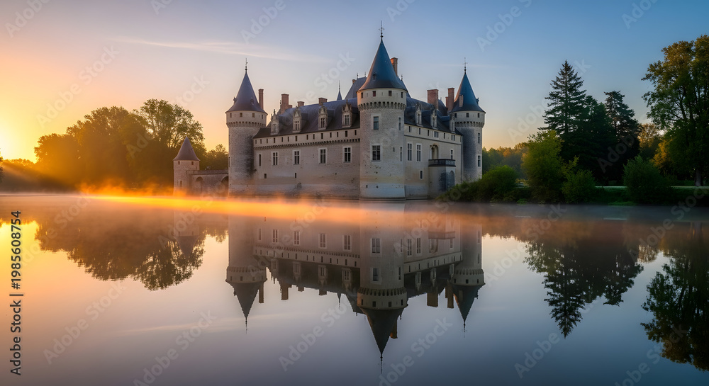 Obraz premium Large Castle Reflected in Calm Water.