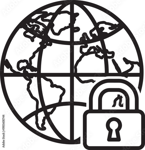 Black and white illustration of globe with padlock  secure global concept