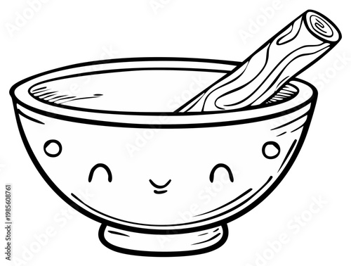 Kawaii mortar and pestle with happy face doodle illustration