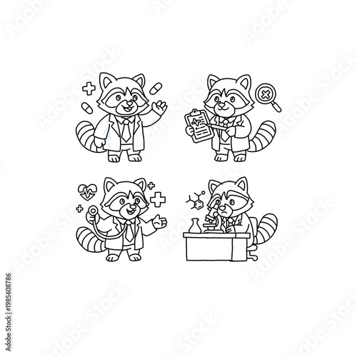Set of 4 minimalist black line art raccoon doctor mascots. Pro animal physician with medical icons, stethoscope, and microscope. Clean vector outline for pediatric, vet clinic, and coloring page.