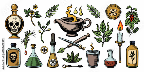 Occult alchemy and apothecary magic ritual elements set, vector