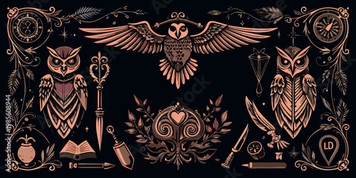 Vintage mystical occult owl illustration set, vector